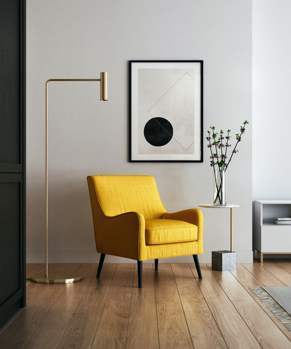Styled living room with a yellow armchair